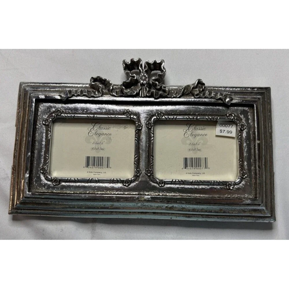 Vtg Double 2.5x3.5” Ornate Heavy Silver Tone Picture Photo Frame Bows & Flowers